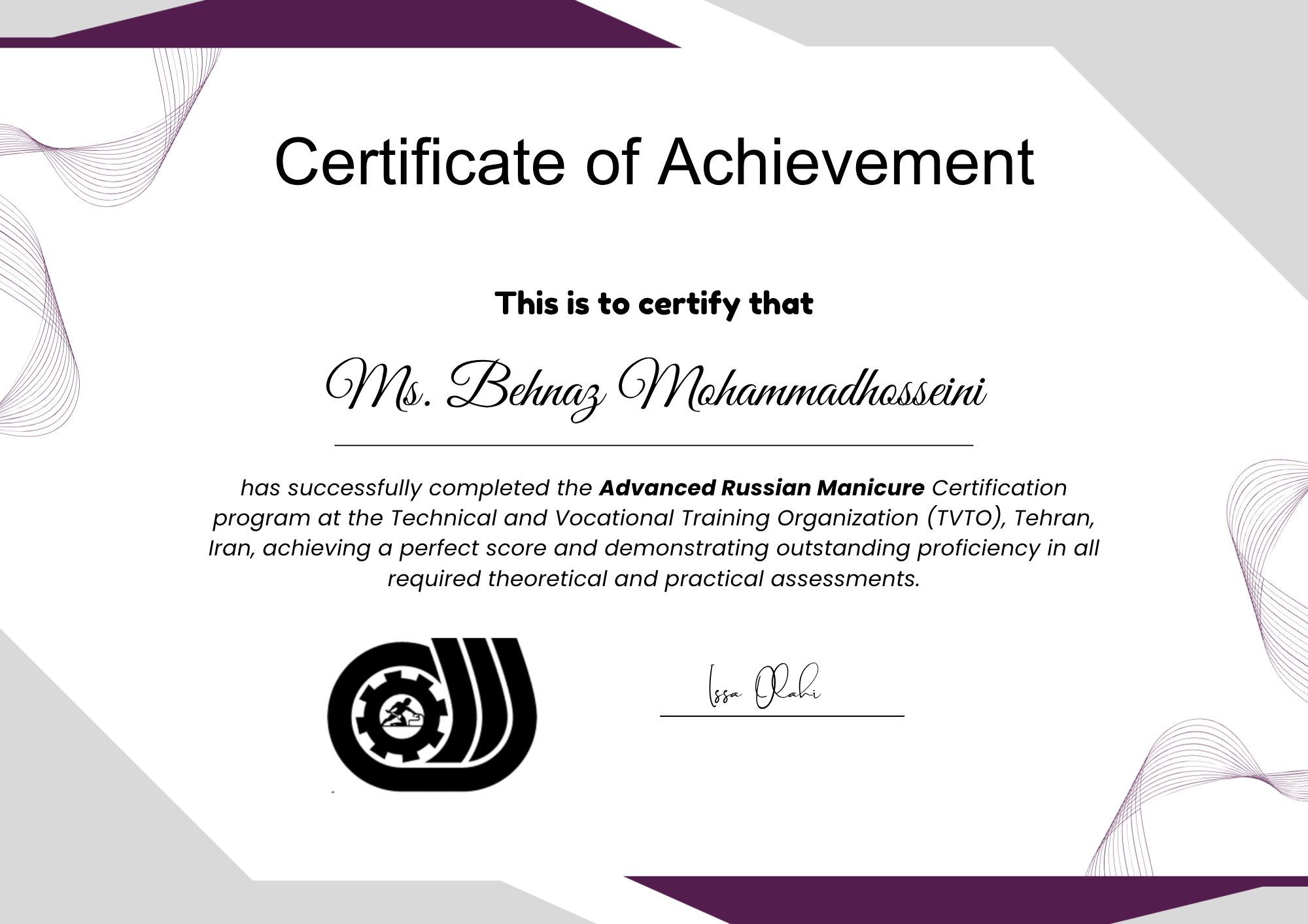 Advanced Russian Manicure certification for Behnaz Mohammadhosseini